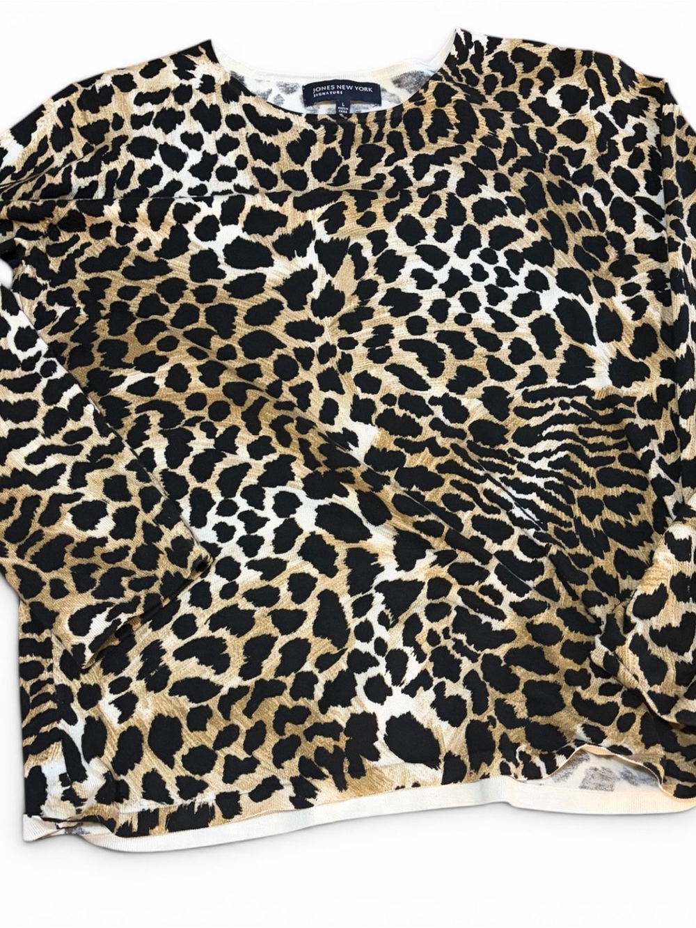 Jones New York Leopard Print Top — Black, Tan, White. Size L